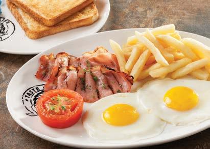 Served with chips and 2 slices of toast. SPUR S FAMOUS UNREAL BREAKFAST 29.90 2 fried eggs, 2 rashers of grilled bacon and fried tomato. Served with chips and 2 slices of toast.
