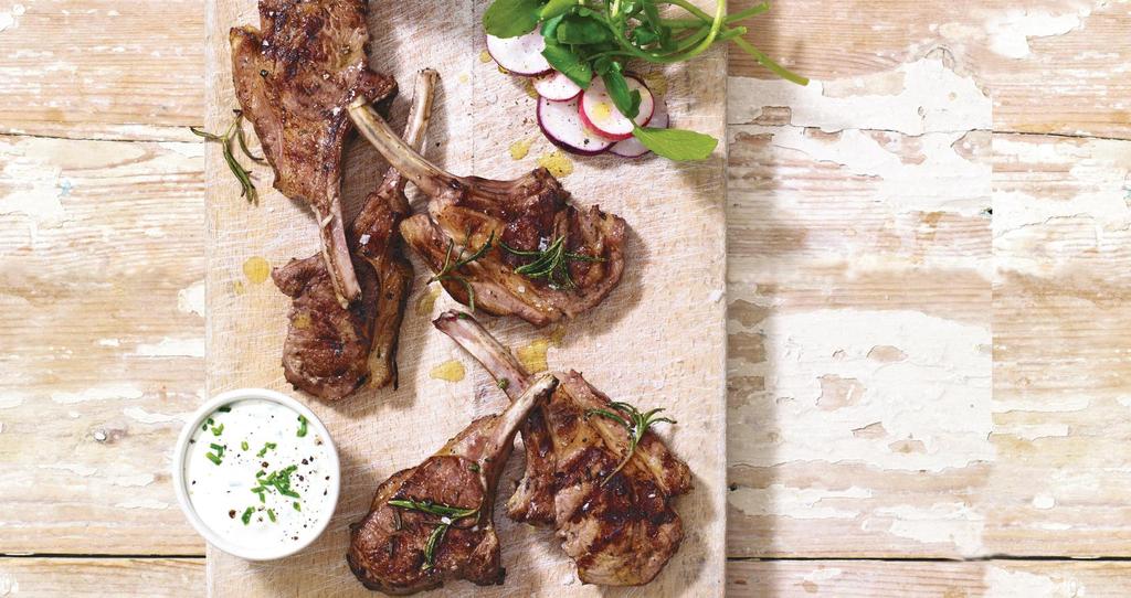 LAMB WITH GARLIC & red wine SERVES: 3-4 PREP: 5 mins COOK: 30-40 mins 8 lean Scotch Lamb PGI cutlets (chops or steaks) 300ml red wine 2 cloves garlic, crushed 2-3 sprigs fresh rosemary and mint 15ml