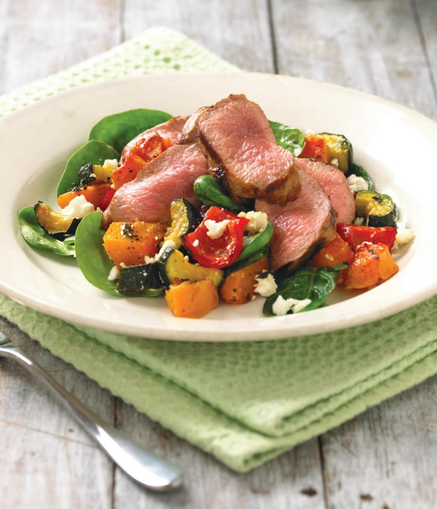 WARM LAMB SALAD with roasted veg and feta SERVES: 4 PREP: 35 mins COOK: 20 mins 2 Scotch Lamb PGI loin fillets 500g butternut squash, peeled and deseeded 2 courgettes, trimmed and halved 1 red