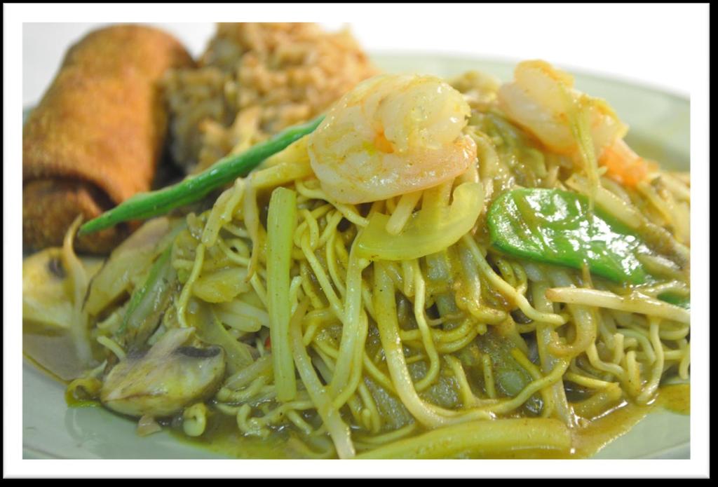 #21 CURRY LOMEIN Roast pork and shrimp with egg noodles, bean sprouts, peapods,