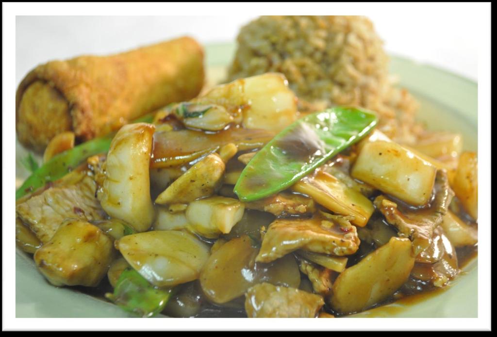 #23 HUNAN PORK Hot and Spicy, Lean sliced pork stir fried with bok choy, peapods, water chestnuts,