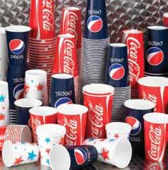 COLD DRINK PAPER CUPS Star/Ball design, Coke and Pepsi recyclable, double poly coated cups in a full range of sizes with straw slot lids to fit.