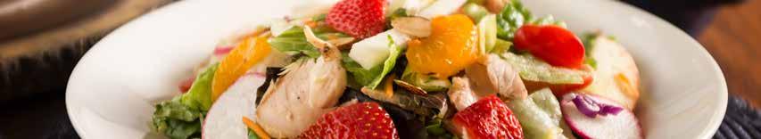 49 GRILLED CHICKEN SALAD (870/510 CALS) Fire-grilled, thinly sliced chicken breast with sweet mandarin oranges, honey-roasted almonds, grape tomatoes, raisins, jicama, radishes,