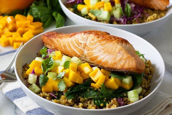 CURRIED SALMON, Servings: 2 Prep Time: 15 minutes Cook Time: 20 minutes INGREDIENTS Quinoa 1 cup light coconut milk 1 cup low-sodium chicken stock 1 tablespoon curry powder 1 teaspoon honey 1 cup