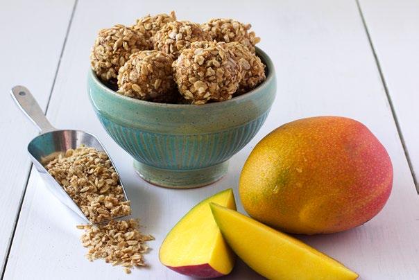 MANGO Servings: 10 Prep Time: 10 minutes INGREDIENTS 3/4 cup (about 10) pitted dates 1/2 cup shredded unsweetened coconut 1/2 cup mango, cubed 1/2 cup raw whole almonds 1 tablespoon unsalted almond