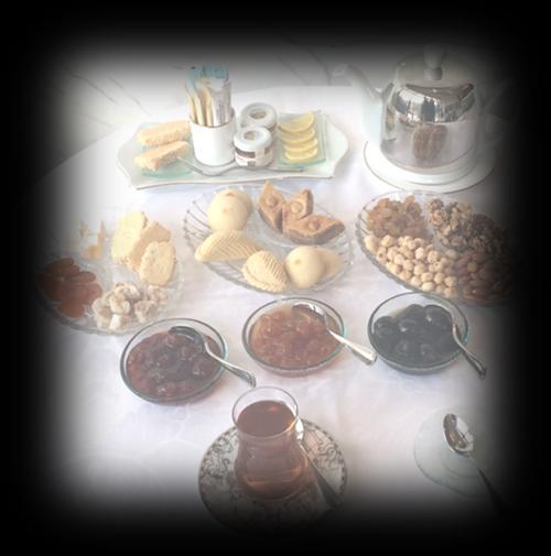 TRADITIONAL AZERBAIJANI TEA TIME Set price for 2 persons 35 AZN Selection of Bakhlava & Azeri sweets Homemade Jams Lokum, Khurma Honey & Lemon, Cookies Dried fruits selection leb-lebi Tea of your