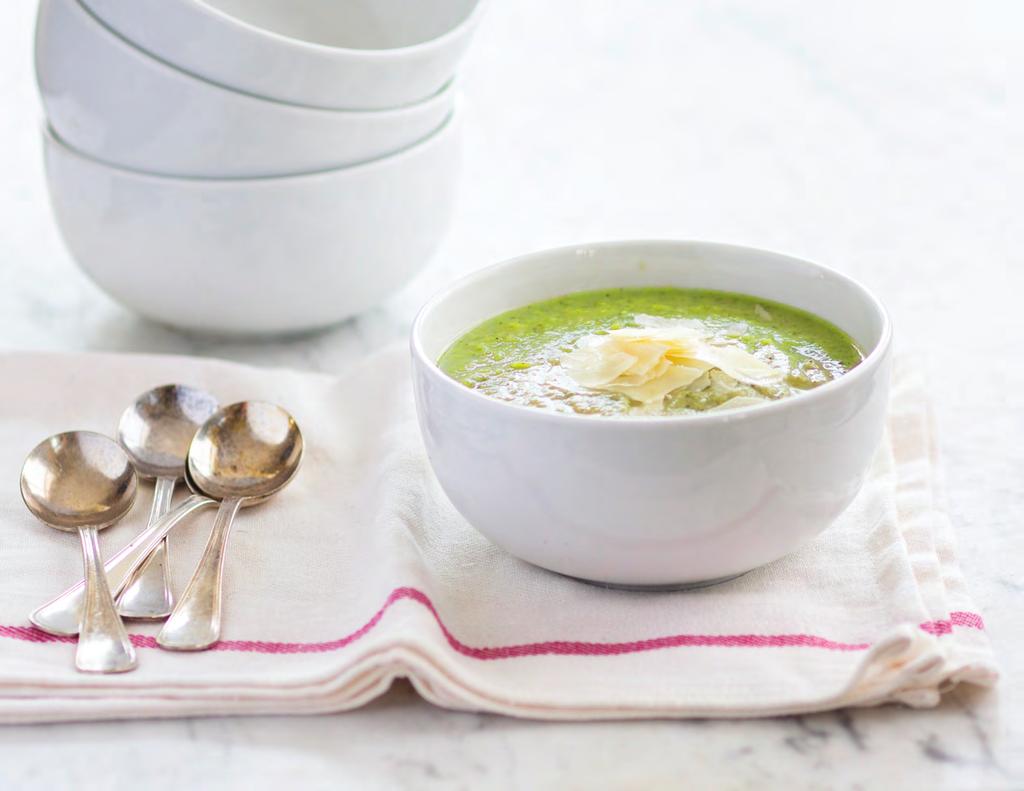 Cream of Broccoli Soup Prep time: 5 minutes Cook time: 10 minutes 1 cup chicken or vegetable stock 1 cup broccoli florets ½ avocado, peeled and pitted 1 small clove garlic 2 teaspoons freshly grated