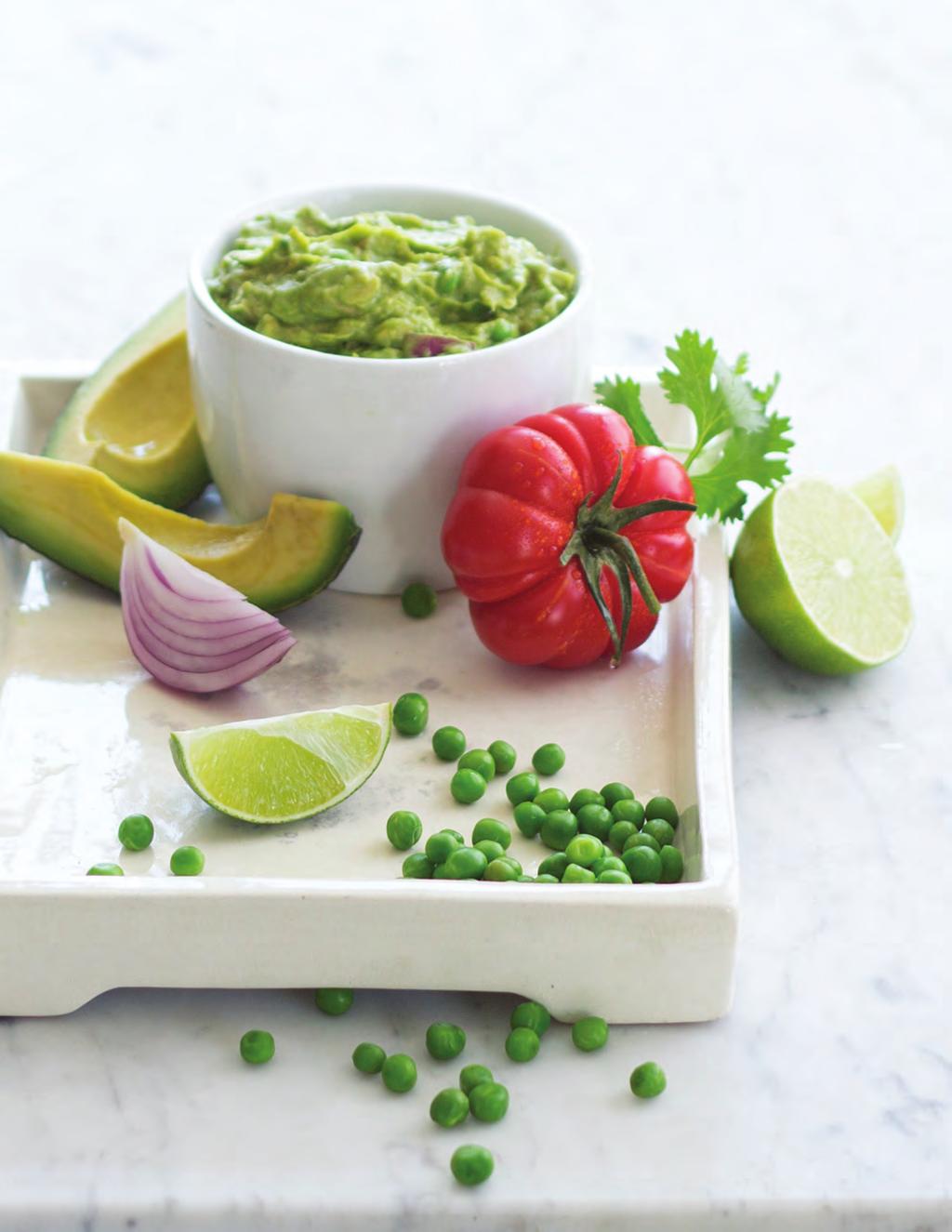 Low Fat Mock-a-Mole Prep time: 10 minutes 1 avocado, peeled, pitted and mashed 1 cup cooked green peas ¼ cup chopped fresh tomato 2 tablespoons chopped fresh cilantro plus more for garnish 1