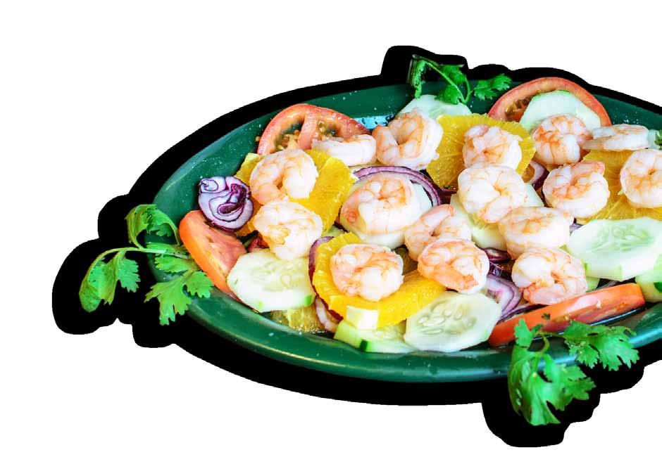 25 Grilled shrimp cooked in garlic sauce, served with lettuce, tomatoes, guacamole salad, rice, beans and