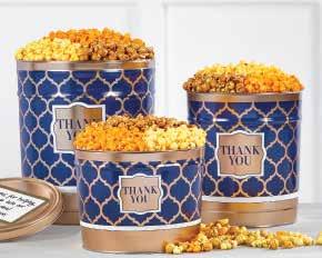 5-gallon tins hold an extra 24 cups. 2-gallon tins contain 32 cups of popcorn; 3.5-gallon tins contain 56 cups and 6.5-gallon tins contain 104 cups. U D P074230 2-Gallon 3-Flavor $34.99 P074330 3.
