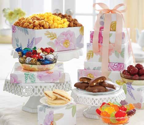 99 To personalize, see page 22 A FANCY FLORAL 5-TIER TOWER The 5-tier tower includes Peach-filled Galettes, Awesome Blossoms Gummi Candies, Milk Chocolate Covered Cherries, Pixies,