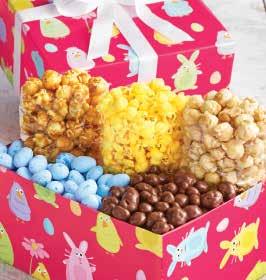 This tower of goodness includes Peach-filled Galettes, Bunny Kisses Taffy, Chocolate Chip Cookies, Awesome Blossoms Gummi Candies, Pixies, Speckled Malt Eggs, and 6 flavors of popcorn: Butter,
