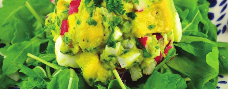 AVOCADO EGG SALAD SERVES 2 PREP TIME 10 MINUTES TOTAL TIME 10 MINUTES 2 hard-boiled eggs 1/2 avocado, diced and tossed in the juice of 1/2 lemon 2 tablespoons diced red onion 2 radishes, chopped 2