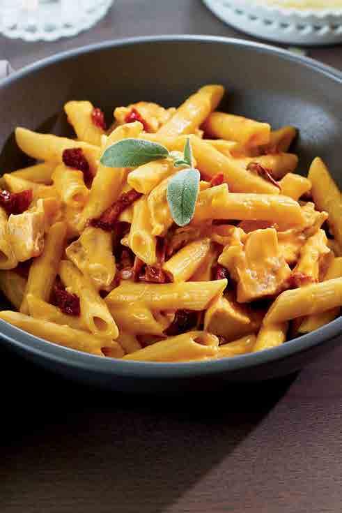 Winter Chicken Pasta With Sun-Dried Tomato And Squash Sauce Add a little color to a winter dish with a sun-dried tomato, sage, roasted butternut squash and white wine sauce, paired with rosemary