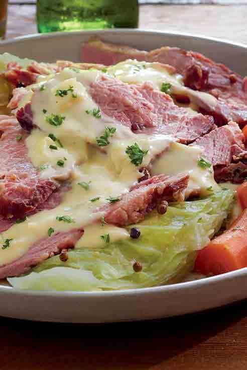 Sliced Corned Beef with Creamed Cabbage Sauce Offer your sliced corned beef with an authentic Irish sauce of chopped cabbage, garlic and Dijon mustard. Serve with Irish soda bread and more cabbage.