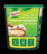 5 litres/pack رقم المنتج: 20075847 الوزن: 6 850 غ المحتوى: 9 5 لتر / العلبة كنور شوربة كريمة المشروم Knorr Cream of Mushroom Soup Product Number: 64220625