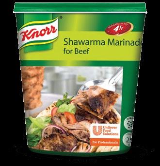 Serves 250 BEEF SHAWARMA INGREDIENTS 24kg 1kg 3.20kg 1L 750g Beef, top side Beef fat Yoghurt Knorr Corn Oil Knorr Beef Shawarma Marinade PREPARATION 1.