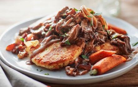 Finish the plate with the other half of prepared poutine gravy. Serve immediately. BRAISED BEEF & CARROTS ON POTATO PANCAKES Dish Assembly Yield: 10 (16 oz.) servings Prep Time: 6 min. 30 ea.