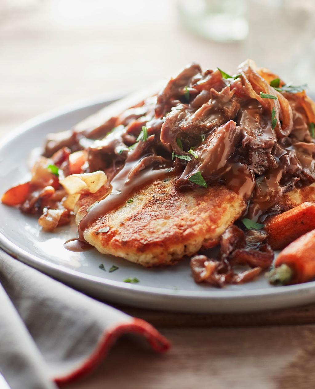 MAIN DISHES Braised Beef and Carrots on Potato Pancakes PANCAKES FOR DINNER? SURE, WHY NOT?