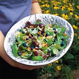 Berry Delicious Summer Salad 8 cups mixed salad greens 2 cups fresh blueberries 1/2 cup crumbled Gorgonzola or blue cheese 1/4 cup chopped and toasted walnuts or