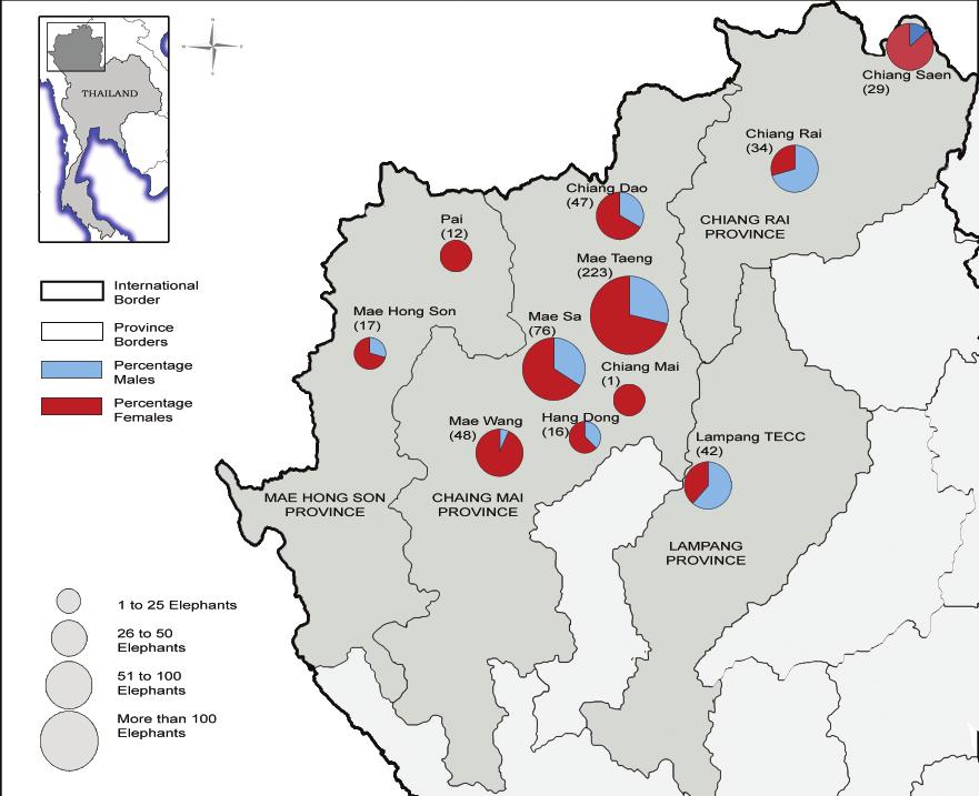 Figure 2. Map of the distribution and gender ratios of elephants in the study area by district. ambivalence by buyers with respect to the gender of the calves.