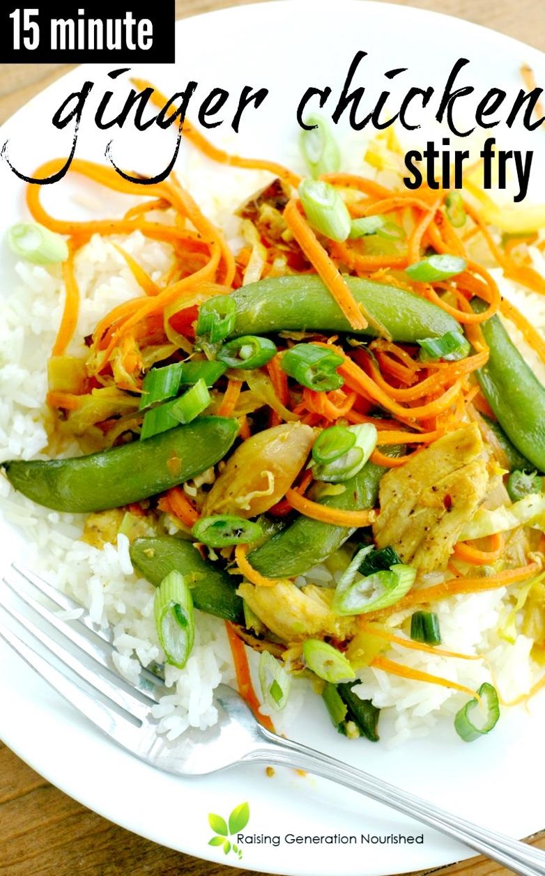 15 Minute Ginger Chicken Stir Fry from Raising Generation Nourished INGREDIENTS: ¼ C (divided) friendly fat to cook in such as butter, pastured lard or tallow, avocado oil, or coconut oil 2-3 C