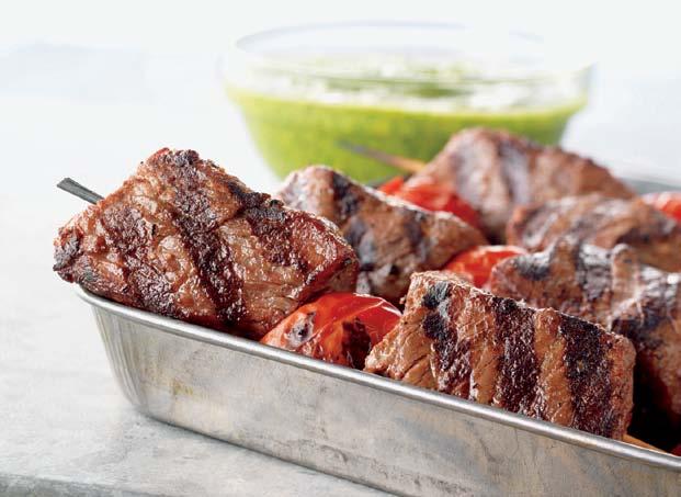 Argentine Beef Skewers with Chimichurri Sauce 2 Serves: 4 to 6 Prep time: 20 minutes GRILLING TIME: 6 to 8 minutes SPECIAL EQUIPMENT: bamboo skewers, soaked in water for at least 30 minutes Sauce 1