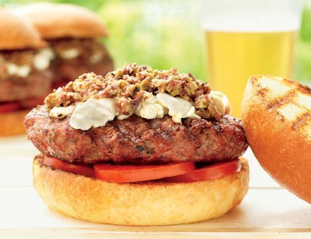Lamb Burgers with Tapenade and Goat Cheese 3 Serves: 6 Prep time: 25 minutes GRILLING TIME: 8 to 10 minutes Tapenade 1 medium garlic clove ½ cup pitted kalamata olives ½ cup pitted green olives 2