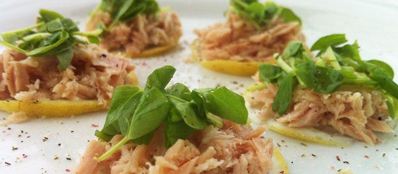 LEMON ROUNDS WITH SMOKED SALMON & CORIANDER Serves 2-4 6 very thinly sliced lemon rounds 6 small slices of smoked salmon 12 fresh coriander leaves / cilantro Place the lemon rounds onto a plate and