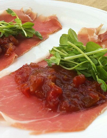 PROSCIUTTO WITH TOMATO RELISH & SNOW PEA SPROUTS Serves 2 4 slices of prosciutto 4 tablespoons Tomato Relish (see related recipe) 1 small handful snow pea sprouts / snow pea shoots, ends removed
