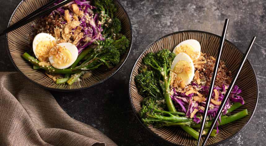 Miso Broccolini Grain Bowl 2 bunches Mann s Broccolini 2 tablespoons olive oil 3 cloves of garlic, minced 2 cups cooked freekah or other whole grain (quinoa, faro, etc) 2 cups finely shredded red