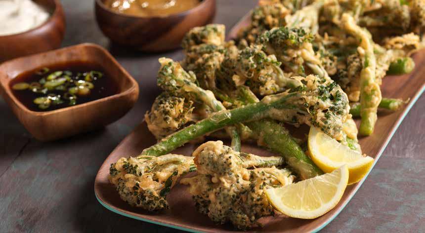Tempura Broccolini with 3 Dipping Sauces 2 bunches Mann s Broccolini 1 1 /2 cups water, ice cold 3 tablespoons soy sauce 1 egg, beaten 1 cup flour, sifted Lemons, wedged Vegetable oil (for frying)
