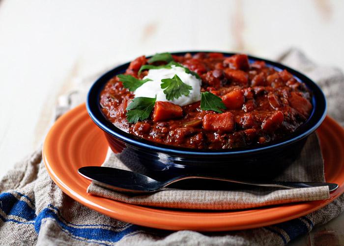 25. Three Bean Chili With Spring Pesto Three bean chili is a meatless, protein rich dish made from chickpeas, cannellini and kidney beans