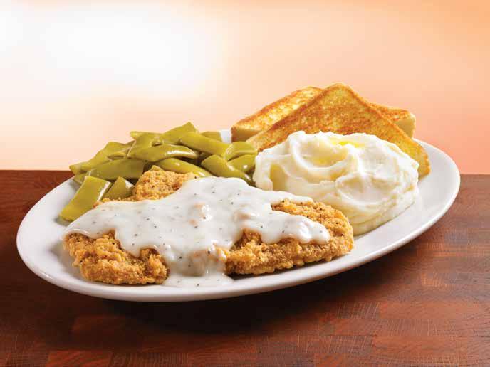 DINNERS Dinner Platters Dinner platters include Texas toast or a buttery, fluffy biscuit and two sides. Country Fried Steak With white pepper country gravy (Cal 810-1700) 9.