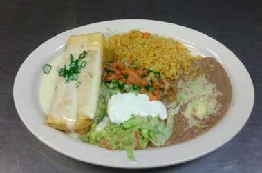 Includes corn or flour tortillas, refried beans & Spanish rice. 7.45 Chimichanga We stuff a flour tortilla with chunks of beef or shredded chicken, then deep-fry it to a golden brown.