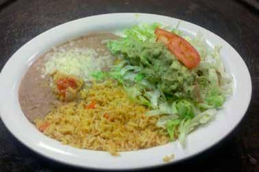 85 Burrito de la Casa A large flour tortilla with seasoned ground beef or chunks of chicken, with lettuce, tomato, red sauce, sour cream & cheese. Served with Spanish rice & refried beans. 6.
