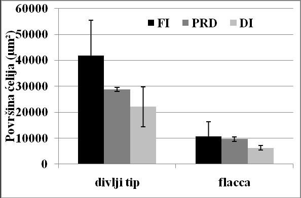 55 daa nije zabeleţen statistiĉki znaĉajan rast površine ćelija perikarpa sloja E2d u FI, PRD i DI tretmanu, kao ni uticaj tretmana redukovanog zalivanja (Tabela 59b). Tabela 59.