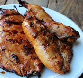 Calories: 424 Fat: 26 Saturated fat: 10 Carbohydrates: 29 Fiber: 4 Protein: 19 Sweet & Spicy Asian Grilled Chicken ¼ cup soy sauce ¼ cup rice vinegar 1 tablespoon sriracha 1 tablespoon sesame oil 1½