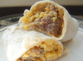 Sausage & Egg Breakfast Burritos 1 lb ground breakfast sausage 12 eggs ¾ cup milk 1 cup salsa 1 cup shredded taco cheese 15 medium flour tortillas Using a large skillet, brown the sausage and cook