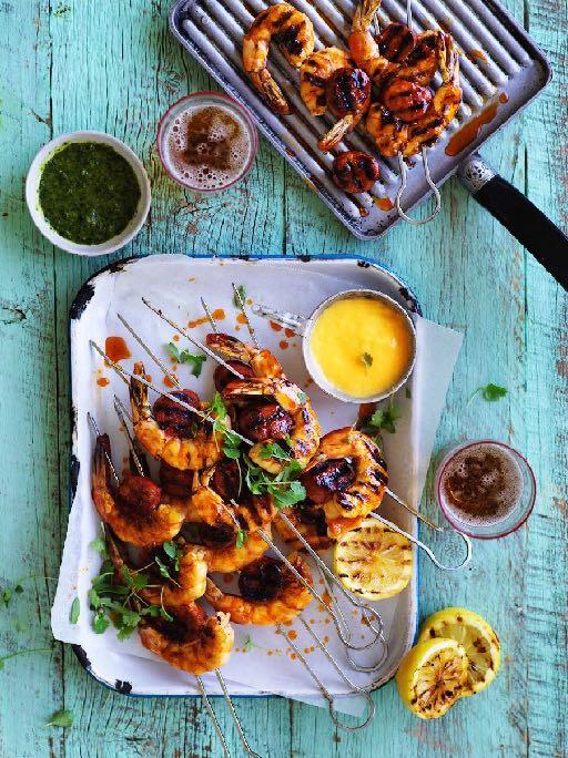 Aussie prawn and snag skewers with green and gold dipping sauces Perfect for an Australia Day BBQ. 24 large, peeled green Australian prawns, tails on.