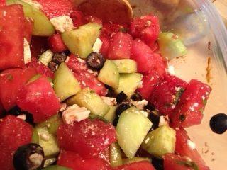 Recipe #19: Watermelon Cucumber Salad Source: Meegan Shiltz 1 cucumber diced Watermelon cubed (I'm guessing about 4-5 cups) Feta cheese crumbles Sliced black olives Fresh mint,