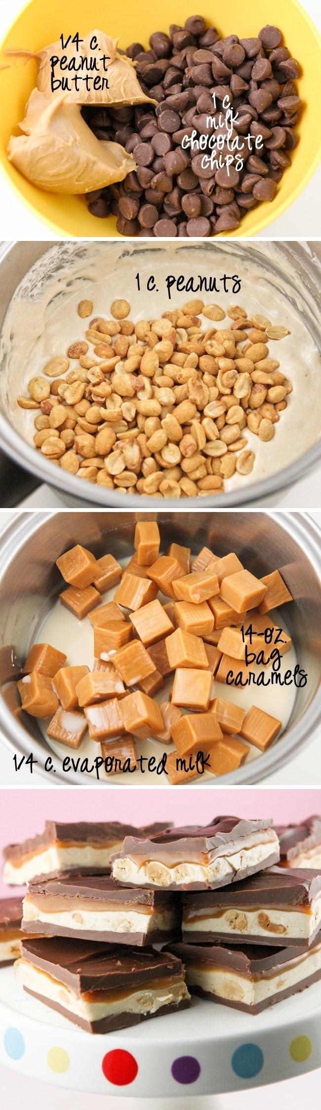 Candy Bar Fudge 4-1/3 cups semi-sweet chocolate chips, divided 1 14-oz can condensed milk 1/4 cup (4 tablespoons) butter 45 Individually wrapped caramels 1-1/2 tablespoons water 1-1/4 cups salted