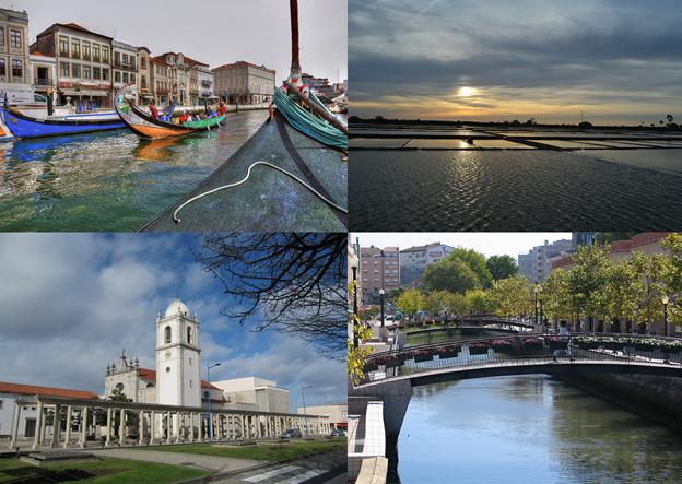 Top left: moliceiros. Top right: salt beds. Bottom left: Aveiro Cathedral. Bottom right: the central canal.