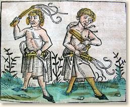 "Each had in his right hand a scourge with three tails." Although prevalent on the European continent, the Flagellants did not achieve popularity in England.