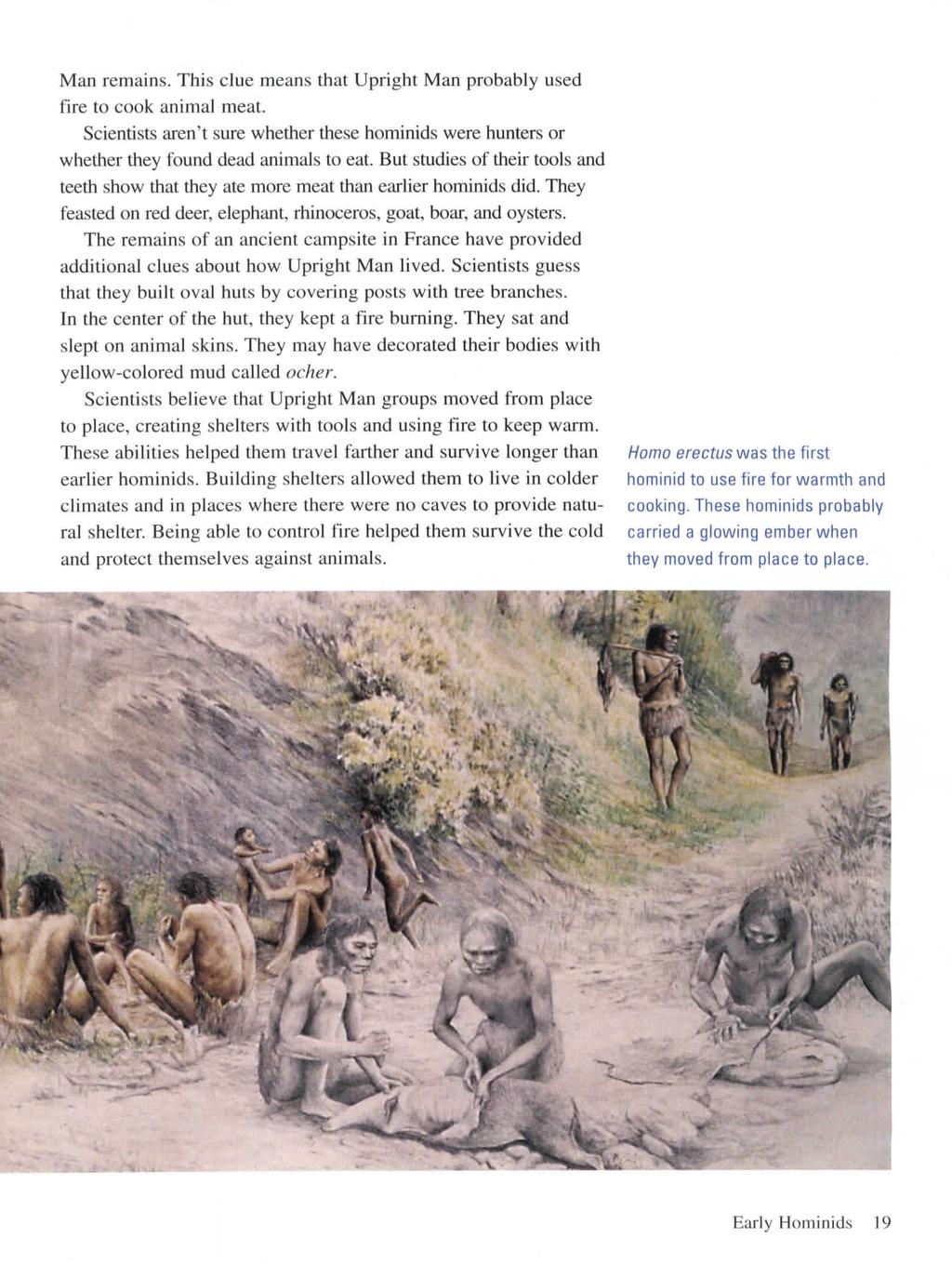 Man remains. This clue means that Upright Man probably used fire to cook animal meat. Scientists aren't sure whether these hominids were hunters or whether they found dead animals to eat.