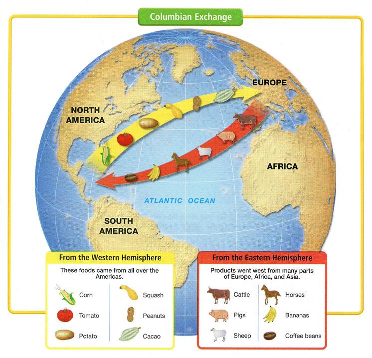 Vocabulary: Columbian Exchange: period of cultural and biological exchanges between the New and Old Worlds following Columbus arrival in the Americas center of origin: geographic region where a plant