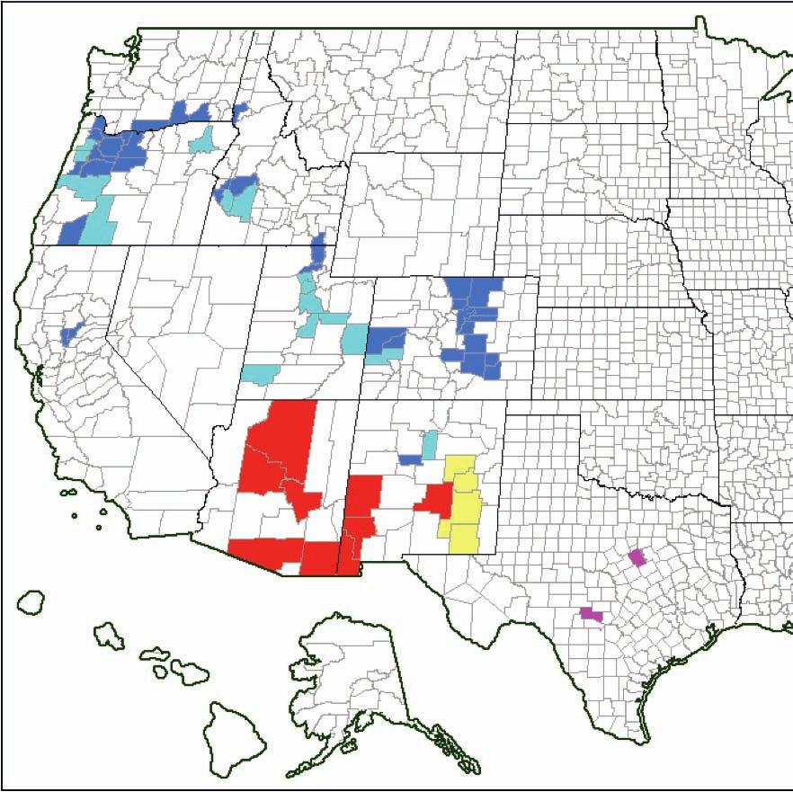 Fig 1. Distribution of the walnut twig beetle and Geosmithia morbida on Juglans species (excluding the native J. hindsii and J. californica in California) in the United States as of October, 2010.
