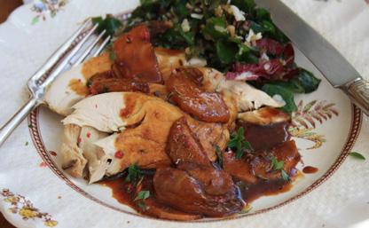 Chicken with Molasses-Cider Pan Sauce and Sautéed Apples Serves 4 Cooked chicken pieces for four ½ cup cider 1 tsp dried thyme or 3-5 sprigs of fresh thyme (could use sage instead) 2 tsp cider