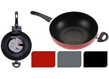 :3 COLOURS(BLACK/RED- 200C/GREY-431C)/ BANDEROLLE, SLEEVE:, 245X245X70MM WOK ALUMINIUM WITH NON STICK COATING AND 2