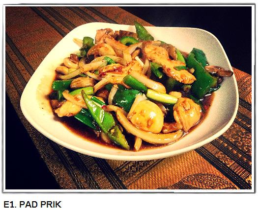 Pad Ped Eggplant, mushrooms, Spanish onions, green, and red bell peppers in a Thai red curry sauce with coconut milk. E3.
